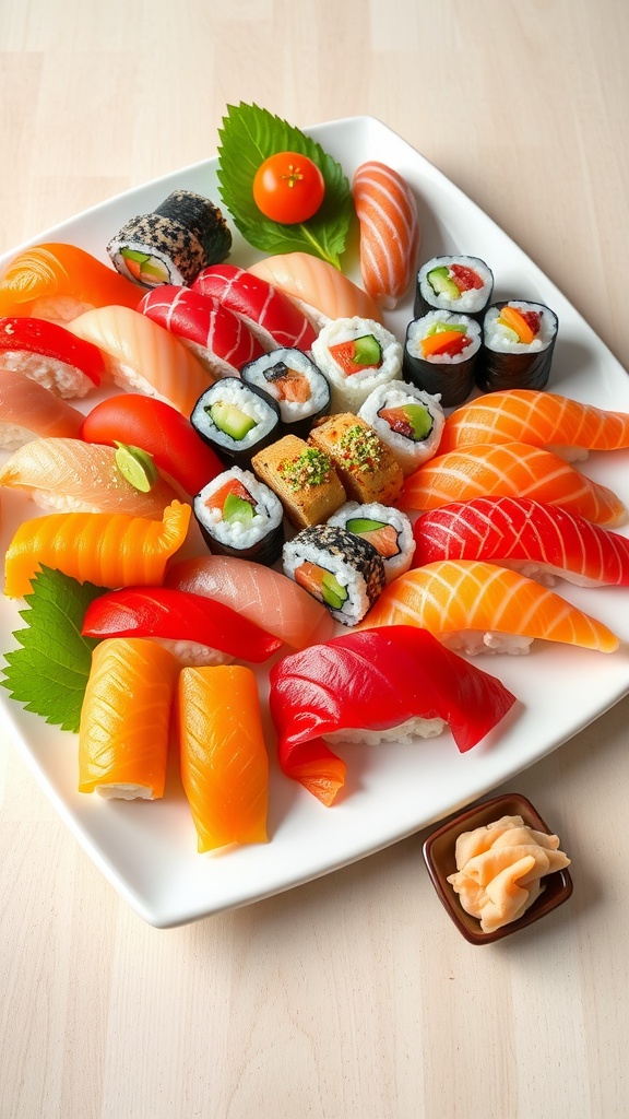 A beautiful sushi platter with nigiri, maki rolls, and sashimi, garnished and served elegantly.